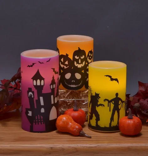 Vista 2 de Mark Feldstein & Associates Halloween Haunted House Silhouette - Pilares de vela LED sin llama, juego de 3 piezas, 6 pulgadas