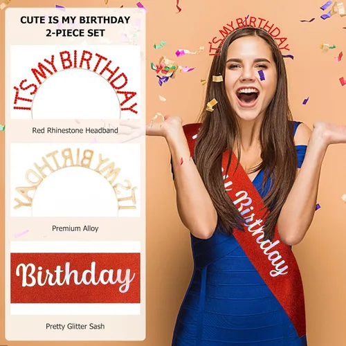 Vista 10 de It's My Birthday - Juego de bandas de princesa, diadema roja, tiara y accesorios para mujeres y niñas, fiesta feliz