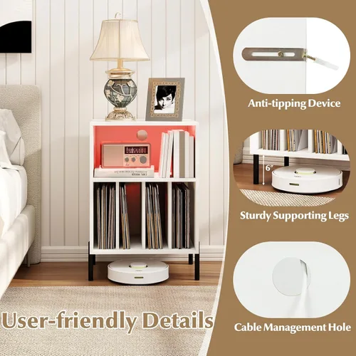 Vista 9 de LOKO Soporte para tocadiscos con luces LED, soporte para tocadiscos con estación de carga, soporte de almacenamiento de vinilo con patas de metal