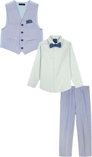 Vista 2 de Nautica Conjunto de traje formal de 4 piezas para niños con chaleco, pantalones, camisa de vestir con cuello y corbata Lino Azul