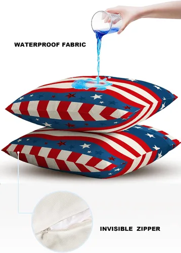 Vista 4 de Funda de almohada impermeable para el Día de la Independencia para exteriores, diseño de estrella en ondas rojas y azules, fundas de cojín