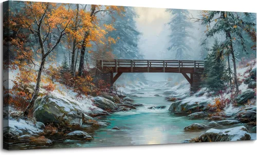 Vista 9 de SLYCAY Lienzo grande con árbol de la vida dorado para pared, pintura de paisaje, naturaleza, nieve, montaña, lago, paisaje, decoración de pared