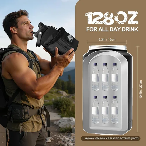 Vista 7 de NATURE PIONEOR Botella de agua táctica de 128 oz/1 galón con bolsa para Negro
