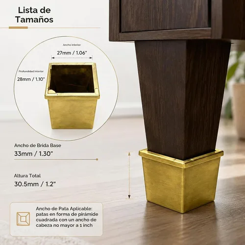 Vista 2 de Funda cuadrada para patas, 1 pulgada, tono dorado cepillado, altura de 1.2