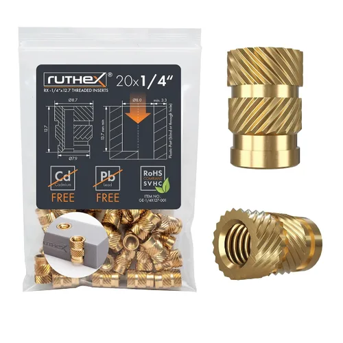 Vista 10 de Ruthex 1/4" Insertos Roscados Cortos - 20 Piezas RX-1/4“-20x6.4 Inserto de Ajuste Térmico de Latón para Partes de Plástico - Pulgadas Tuercas