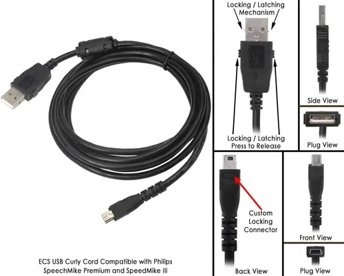 Vista 2 de ECS Compatible con SpeechMike Premium y SpeechMike III - Cable rizado USB tipo A a USB Mini A con bloqueo Type A to USB Mini A with Lock