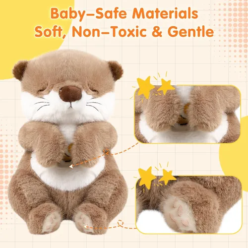 Vista 12 de LUKETURE Peluche de nutria respiratoria con movimiento rítmico, luz nocturna suave y ruido blanco, compañero de peluche calmante para relajación