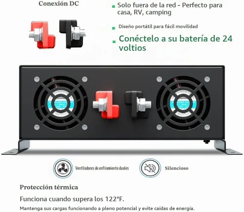 Vista 3 de Inversor de corriente de onda sinusoidal pura de 3000 W, 24 VCC a 120 VCA, 6000 W, pico de arranque suave integrado, 2 salidas de CA duales de CA 2