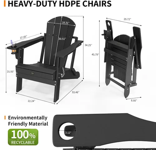 Vista 3 de VINGLI Sillas Adirondack de plástico, plegables con soporte para tazas, material de polietileno de alta densidad impermeable, cómoda capacidad