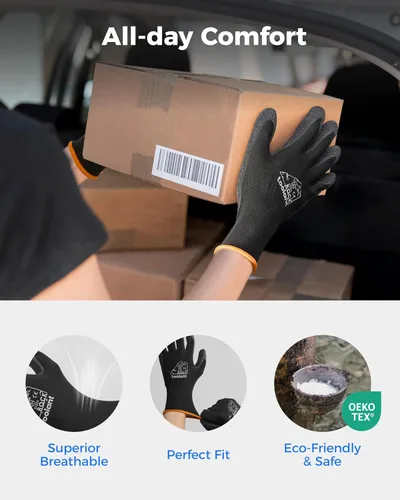 Vista 6 de toolant Guantes de trabajo de látex arrugado a granel, guantes de seguridad con revestimiento de goma para hombres y mujeres, 12 pares para Negro