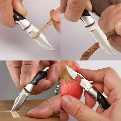 Vista 5 de Cuchillo de bolsillo pequeño, cuchillo EDC con mango de acero inoxidable y madera, pequeño cuchillo plegable, longitud de la hoja 1.5 pulgadas