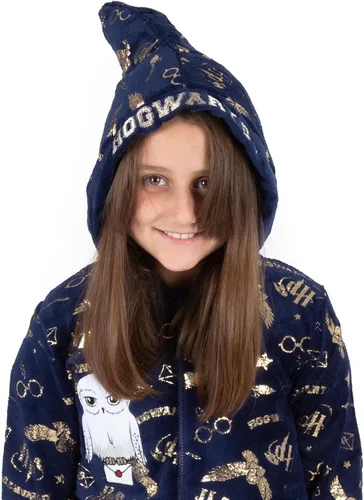Vista 3 de Harry Potter Mameluco de erizo Hogwarts para niñas y niños, todo en uno, Azul Patchwork