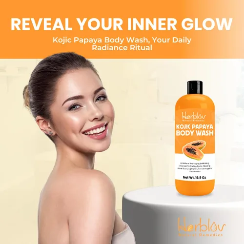 Vista 4 de Herblov Jabón de ácido kójico para hiperpigmentación – Gel de baño de papaya kójica iluminador de la piel – Jabón de manchas oscuras reduce el acné