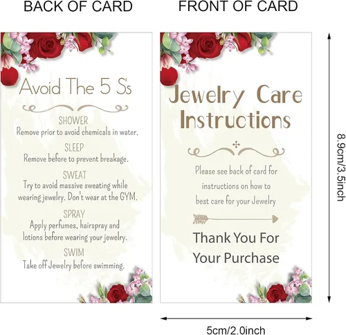 Vista 3 de 200 tarjetas de instrucciones de joyería, tarjetas de cuidado de joyas, instrucciones de cuidado de joyas, insertos de 3.5 x 2 pulgadas, embalaje