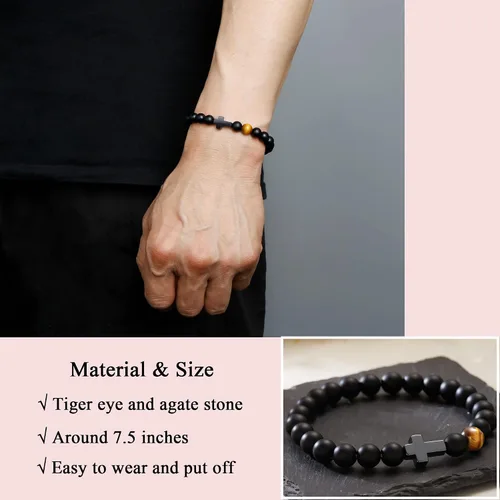 Vista 2 de Pulsera de cruz para hombres, para papá, hijo, nieto, marido, padrino, tío sobrino, hermano, regalo inspirador de ojo de tigre, pulsera curativa