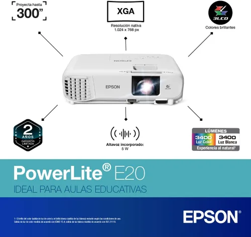 Vista 2 de Epson Proyector LCD PowerLite E20 - 4:3 - Montaje en techo - Blanco