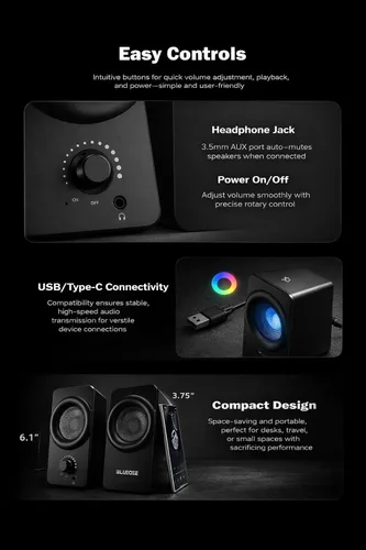 Vista 2 de Bluedee Altavoces de computadora para PC de escritorio, altavoz USB Plug & Play con 2 unidades de altavoces, altavoces de PC con luz RGB dinámica