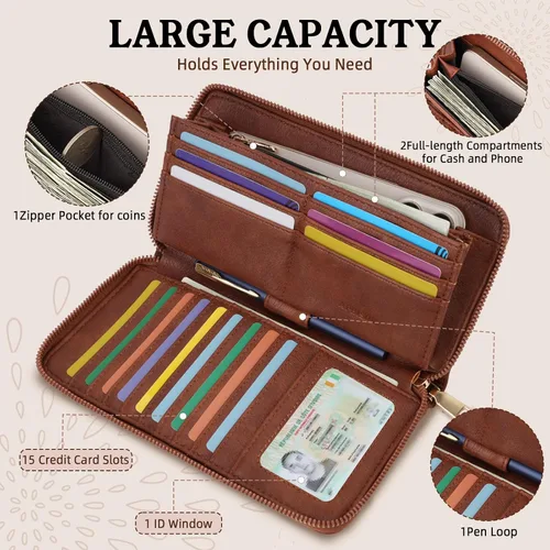 Vista 3 de APHISON Billetera para mujer, gran capacidad, monedero, tarjetero, RFID, pulsera, teléfono, cremallera, moneda, bolsillo de viaje