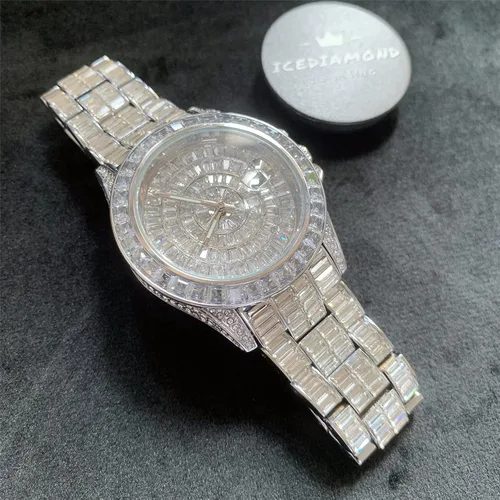 Vista 7 de ICEDIAMOND Reloj de pulsera con calendario de diamantes de circonita cúbica de 1654in chapado en oro piedras de circonita brillantes esfera redonda