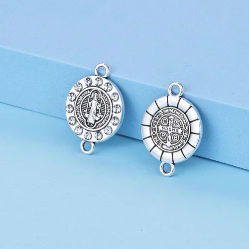 Vista 5 de 20 piezas de diamantes de imitación de plata antigua para uso religioso de San Benito Medallón de Pulsera Conector de Cuentas Redondas de Enlace
