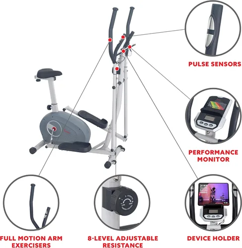 Vista 3 de Sunny Health & Fitness Elliptical and Bike Exercise Machine, Ultra Silent Adjustable Resistance Levels Cross Trainer for Home Gym with Pulse Rate