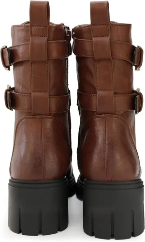 Vista 4 de Tobfis Botas de combate para mujer con hebilla lateral y tacón grueso, Negro, 0