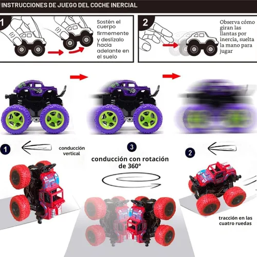 Vista 3 de Monster Trucks para niños, paquete de 4 vehículos de tracción para niños pequeños, rotación de 360°, 4 ruedas, autos de fricción duraderos, juguetes