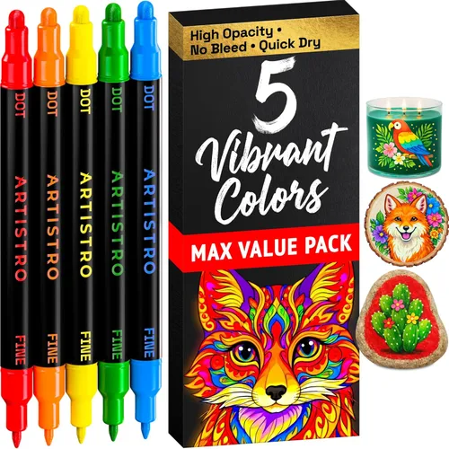 Vista 22 de ARTISTRO 5 marcadores negros de pintura acrílica de doble punta, juego de bolígrafos de pintura con puntos y puntas finas para tela, rocas, vidrio