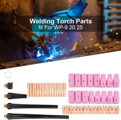 Vista 4 de Piezas de la antorcha de soldadura, 53 unids tig soldadura antorcha cuerpo partes gas lente boquilla boquilla kit taza para WP-9 20 25