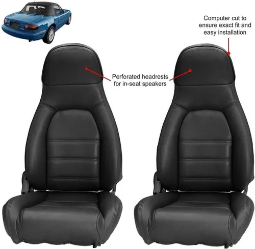 Vista 2 de Compatible con Mazda Miata - Juego de fundas de asiento delantero, asientos estándar, cuero sintético negro 1990-1996