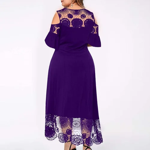 Vista 4 de Vestido largo de verano para mujer, con hombros descubiertos, costuras de encaje, con volantes, manga corta, talla grande, maxi vestidos largos