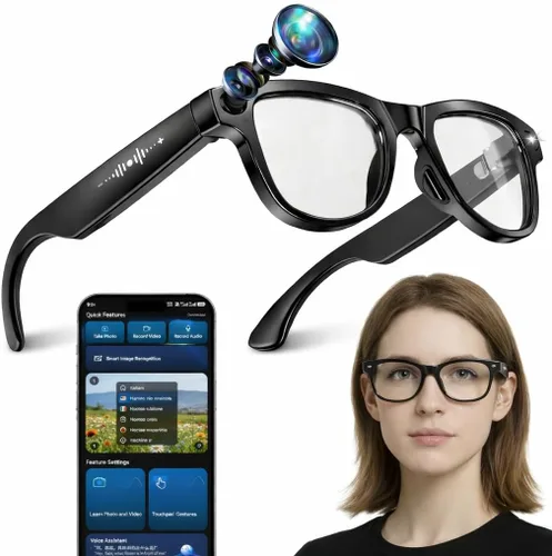 Vista 10 de Gafas inteligentes con cámara 4K, traducción AI de 139 lúmenes, reconocimiento de objetos ChatGPT, audio de oído abierto y llamadas BT, lentes Negro