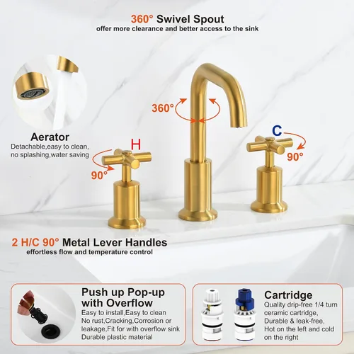 Vista 4 de Grifo de baño generalizado de dos manijas, grifos de baño para fregadero de 3 agujeros con drenaje emergente push up, 2 manijas, grifo de fregadero