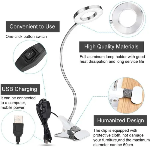 Vista 4 de Luz LED de lectura, lámpara de maquillaje, carga USB, ajustable, salón de belleza, luces LED de escritorio con clip para cejas, labios, extensión