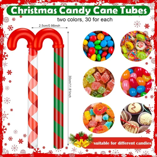 Vista 2 de Soaoo 60 recipientes de tubo con forma de bastón de caramelo de Navidad a granel de 12 pulgadas vacíos para dulces navideños con decoración roja