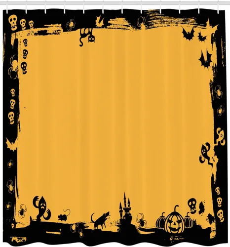 Vista 2 de Ambesonne - Cortina de ducha para Halloween, con marco negro y ganchos, diseño de gatos, calaveras, fantasmas y arañas, color amarillo y negro