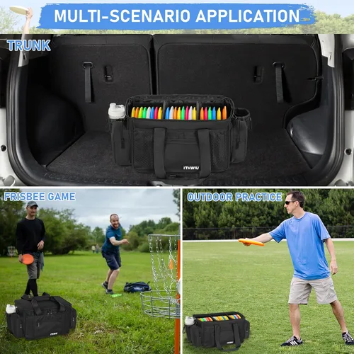 Vista 5 de Bolsa de almacenamiento de disco de golf duradera de gran capacidad con divisores y múltiples bolsillos laterales, color negro