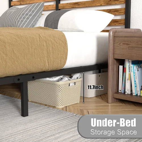 Vista 12 de Marco de cama de tamaño matrimonial con combinación de madera y metal, plataforma estable con soporte de listones de acero, cama doble, no necesita