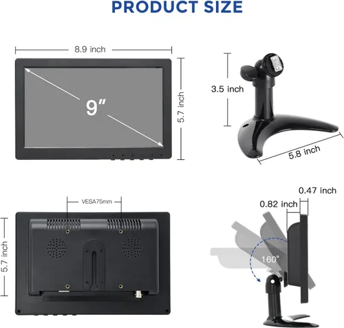 Vista 5 de OSCY Monitor pequeño de 9 pulgadas, compatible con HDMI/VGA/AV/BNC 1024x600 16:9 monitor de computadora con control remoto y altavoces integrados
