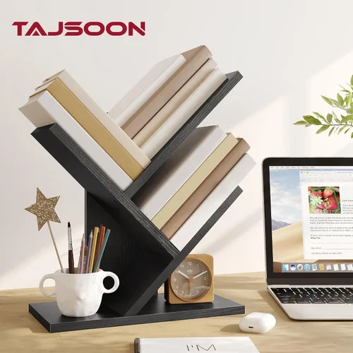 Vista 2 de Tajsoon Estantería de árbol de 3 niveles para libros, organizador de almacenamiento, estantería de escritorio, estantería de pie para Negro