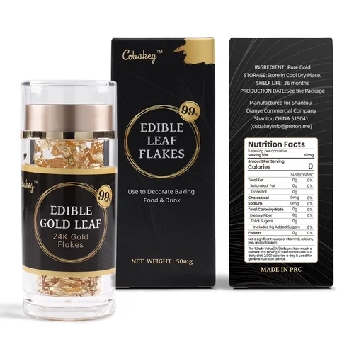 Vista 3 de Cobakey - Hojas de oro comestibles genuinas en copos - 50 mg de copos de oro comestibles para decoración de pasteles