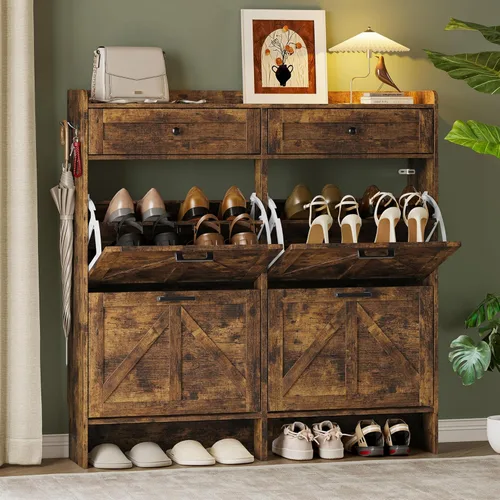 Vista 14 de BORNOON Gabinete de Almacenamiento de Zapatos para Entrada, Gabinete Estrecho de Zapatos Estilo Granja con 2 Cajones Abatibles y Cajones Superiores