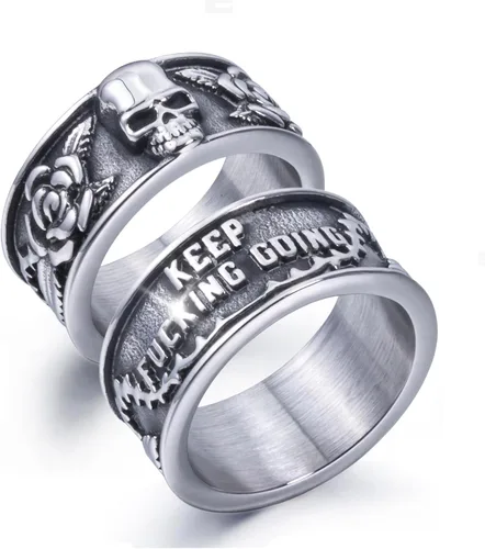 Vista 13 de Anillos de calavera gótica vintage para hombres y mujeres, acero inoxidable, ónix negro, anillo de póquer, anillo de esqueleto plateado