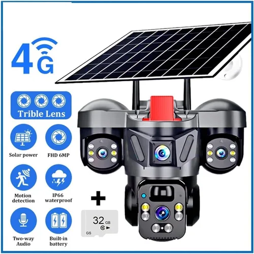 Vista 2 de 6MP Triple Lens Solar 4G WiFi Outdoor PTZ Camera 4G Cam and 32GB