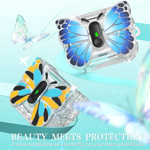 Vista 4 de R-fun Funda para AirPods Pro 2 Butterfly Artistry - Tapa desplegable automática y función de soporte, protección de grado militar de 360° con Negro