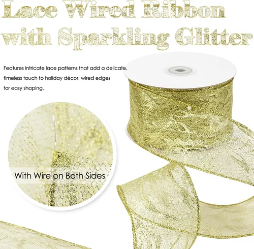 Vista 4 de HUIHUANG Cinta de encaje con alambre para árbol de Navidad, 2.5 pulgadas x 25 yardas, cinta de alambre con purpurina dorada para árbol de Navidad