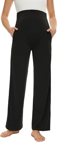 Vista 2 de Ecavus Pantalones de maternidad anchos y rectos para mujer, versátiles, cómodos, palazzo, elásticos, con bolsillos