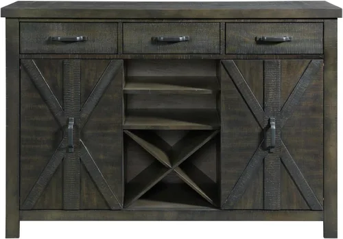Vista 6 de Sunset Trading Gray Trestle - Juego de comedor de 6 piezas Mesa rectangular extensible de 96 pulgadas Servidor con estante para vino Madera