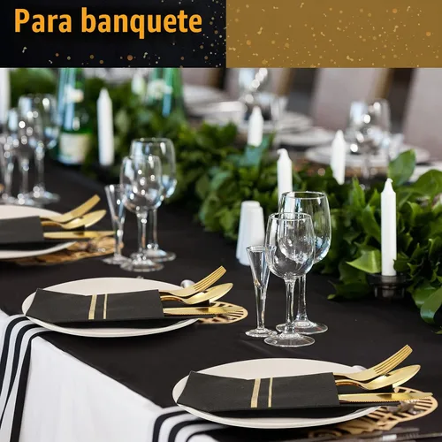 Vista 4 de Ireer 100 piezas de cubiertos de plástico negro dorado con servilletas para Juego de cubiertos desechables negros y dorados con tenedores