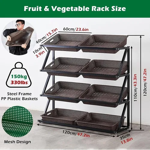 Vista 2 de Shelves 4/5 Tier Commercial Supermarket Fruit Rack Vegetable Shelf, Retail Display Rack, Large Capacity Snack Storage Basket for Pantry/Retail Nero